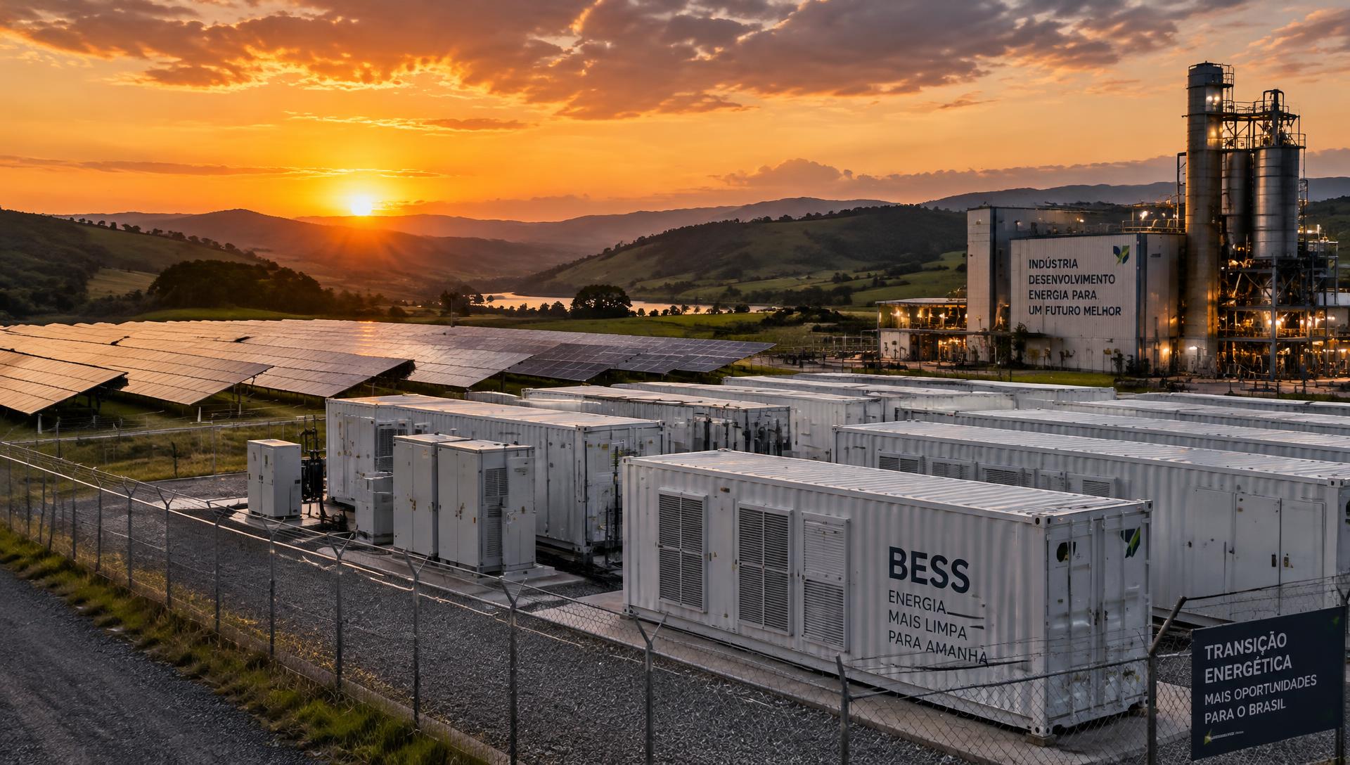 Contêineres BESS ao lado de usina solar e indústria